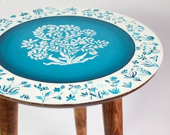 Round Side Table with beautiful Jaipur Motifs, Wooden detachable End table, Hand painted Side table for living room, Indian style furniture