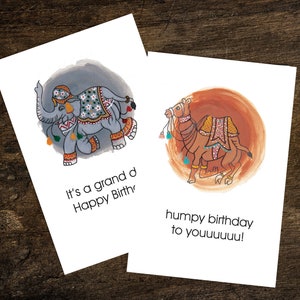 Tarjeta de cumpleaños imprimible elefante camello en 3 tamaños, tarjetas de cumpleaños de elefante camello divertido indio para niños o adultos, tarjeta de cumpleaños digital