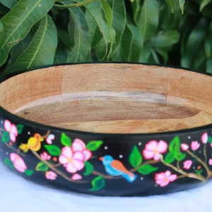 Salad Mixing Bowl, Black Floral bowl, Fruit bowl wooden, Handpainted bowl, Decorative bowl, Large bowl image 6