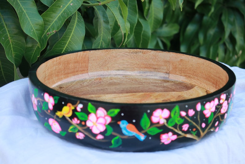 Salad Mixing Bowl, Black Floral bowl, Fruit bowl wooden, Handpainted bowl, Decorative bowl, Large bowl image 6