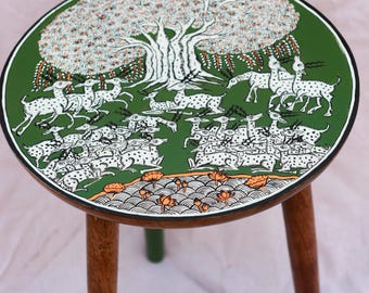 DIY Hand-Painted Wooden Side Table – Green Round Table with Tree of Life Phad Art & Deer | Indian Style Detachable End Table