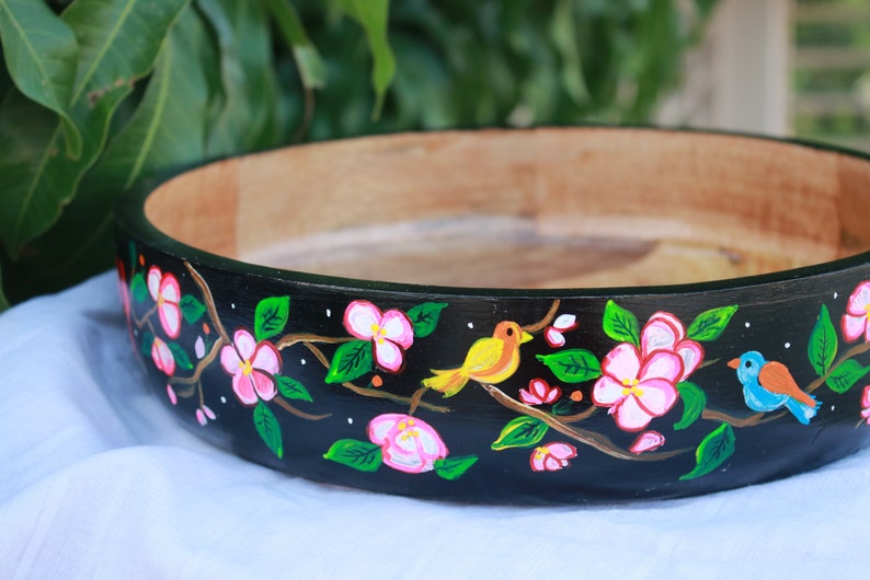 Salad Mixing Bowl, Black Floral bowl, Fruit bowl wooden, Handpainted bowl, Decorative bowl, Large bowl image 10