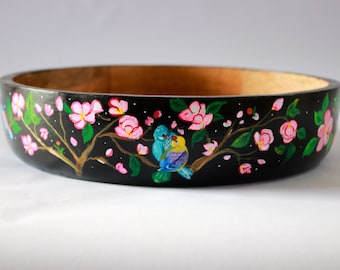 Salad Mixing Bowl, Black Floral bowl, Fruit bowl wooden, Handpainted bowl, Decorative bowl, Large bowl