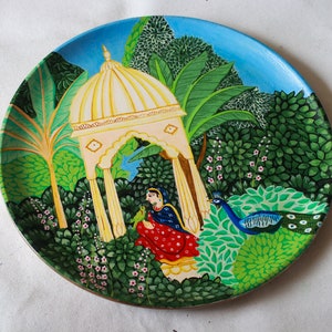 Indian Lady in Jharokha, Hand-painted wall plate of a serene Indian woman in nature's beauty, wall decor, Indian art image 3