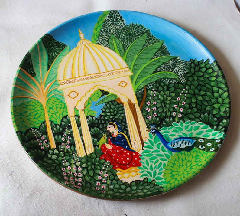 Indian Lady in Jharokha, Hand-painted wall plate of a serene Indian woman in nature's beauty, wall decor, Indian art image 3