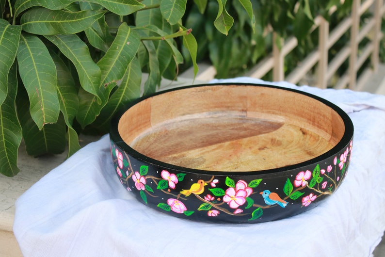 Salad Mixing Bowl, Black Floral bowl, Fruit bowl wooden, Handpainted bowl, Decorative bowl, Large bowl image 8