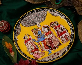 Wall painting of Shri Krishna Radha on wooden plates, Indian Traditional Yellow and golden Jaipur Rajasthani Handpainted Krishna Wall Plate