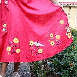 Pink skirt with hand-painted flowers and birds, Wrap around Long skirt, Floral long skirt with belt, free size skirt