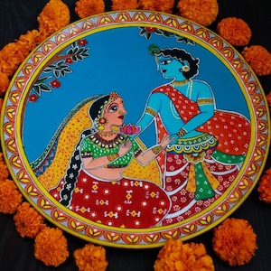 Madhubani Painting of Radha Krishna on wooden Wall plate, Indian wall art, Madhubani Painting