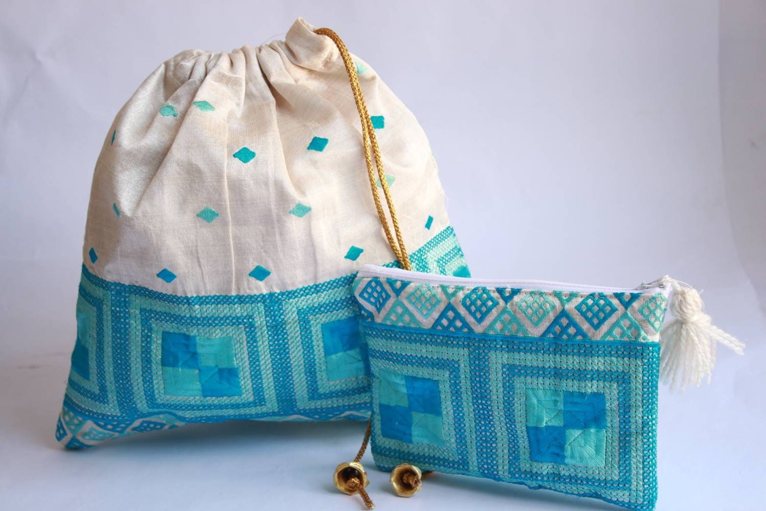 Embroidered Phulkari Indian Potli Purse and Pouch, Set of 2 Utility