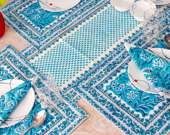 Dining Table Mats Runner and napkins set, Blue Cotton Indian Block Print Table Runner Mats & Napkin set, Set of 6 Floral Runner Mats Napkins