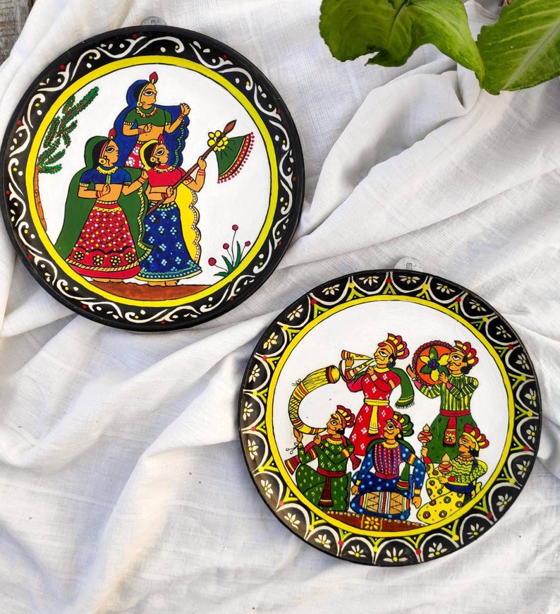 Jaipur Rajasthani Handpainted Wall Plate, Rajasthan Handicraft Wall Decor, Indian Rajasthani 'Phad Painting', Wall plates, wall art image 1