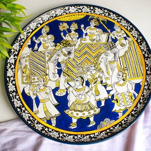 Colorful Indian Phad Wall Art Hand-Painted Rajasthani Wall Plate Decor, Hand Painted Rajasthani Phad Wall Plate Traditional Indian Art Decor