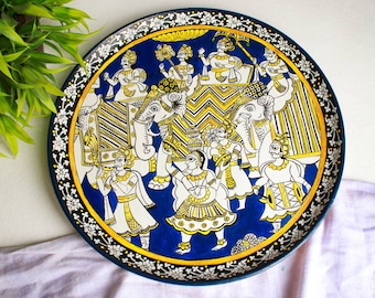 Indian Wall Art Phad Painting on wooden wall plate, Diwali decor, Indian Handicraft Wall Decor, Rajasthani 'Phad Painting'