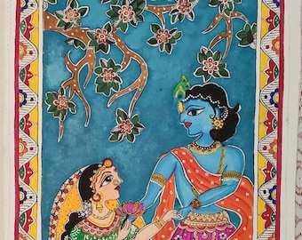Indian Madhubani Painting, Traditional Madhubani painting on canvas Cloth, Krishna Radha painting, Wall painting