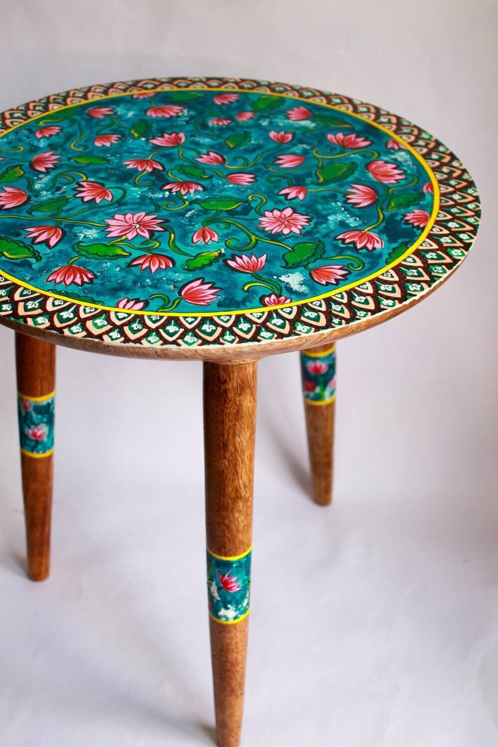 DIY Wooden Side Table, Indian style furniture, Wooden Round Sofa detachable End table, Hand painted Side table for living room,