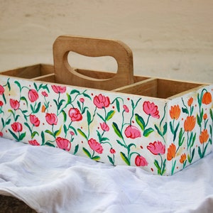 Wooden spoon holder and organiser for dining table, Indian Handmade Tissue paper Cutlery holder, Napkin Spoon Fork holder, Wooden Organizer
