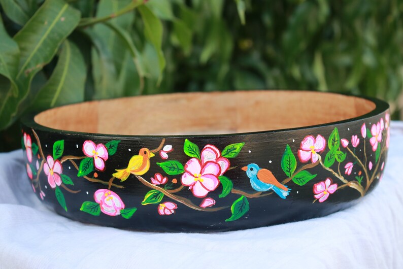 Salad Mixing Bowl, Black Floral bowl, Fruit bowl wooden, Handpainted bowl, Decorative bowl, Large bowl image 7