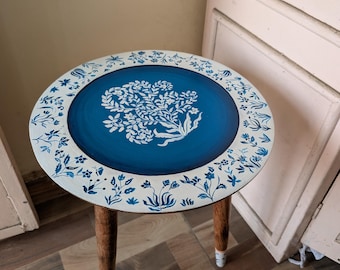 Round Side Table with beautiful Jaipur Motifs, Wooden detachable End table, Hand painted Side table for living room, Indian style furniture