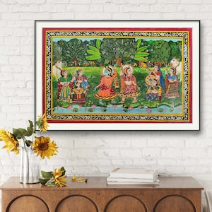 Pichwai Painting of Krishna Radha Leela on canvas, Radha Krishna Dancing Painting on canvas, Indian art on canvas, Religious art