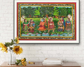 Pichwai Painting of Krishna Radha Leela on canvas, Radha Krishna Dancing Painting on canvas, Indian art on canvas, Religious art