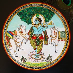 Krishna Radha Indian wall plates, Jaipur Rajasthani Folk Phad Wall decor, Traditional Indian Painting on Wooden Wall Plates