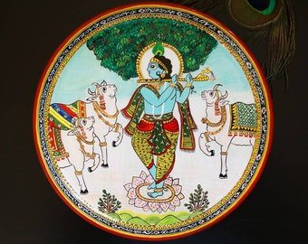 Krishna Radha Indian wall plates, Jaipur Rajasthani Folk Phad Wall decor, Traditional Indian Painting on Wooden Wall Plates