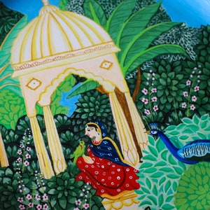 Indian Lady in Jharokha, Hand-painted wall plate of a serene Indian woman in nature's beauty, wall decor, Indian art image 5