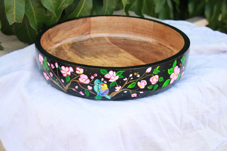 Salad Mixing Bowl, Black Floral bowl, Fruit bowl wooden, Handpainted bowl, Decorative bowl, Large bowl image 9