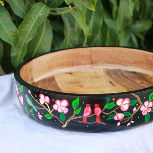 Salad Mixing Bowl, Black Floral bowl, Fruit bowl wooden, Handpainted bowl, Decorative bowl, Large bowl image 5