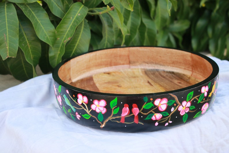 Salad Mixing Bowl, Black Floral bowl, Fruit bowl wooden, Handpainted bowl, Decorative bowl, Large bowl image 5