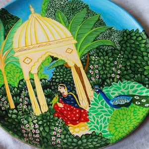 Indian Lady in Jharokha, Hand-painted wall plate of a serene Indian woman in nature's beauty, wall decor, Indian art image 1