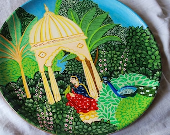 Indian Lady in Jharokha, Hand-painted wall plate of a serene Indian woman in nature's beauty, wall decor, Indian art