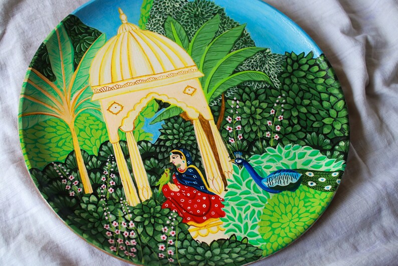 Indian Lady in Jharokha, Hand-painted wall plate of a serene Indian woman in nature's beauty, wall decor, Indian art image 1