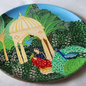 Indian Lady in Jharokha, Hand-painted wall plate of a serene Indian woman in nature's beauty, wall decor, Indian art image 6