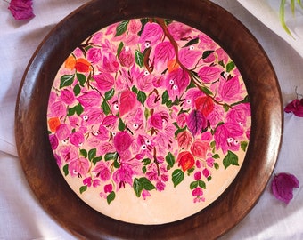 Bouganvillae Wandbild indisch handbemalt, Bouganvillae Blumenwandkunst, Muttertagsgeschenk, Floraler Wandteller, Wandbild