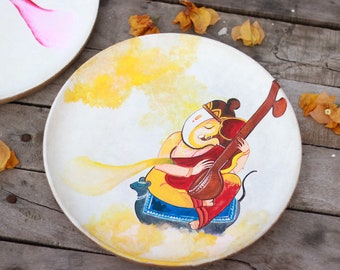 Shri Ganesha painting on wooden wall plate playing sitaar and tabla, Music Shri Ganesh Wall Hanging, Hindu God Wallplate, Housewarming gift