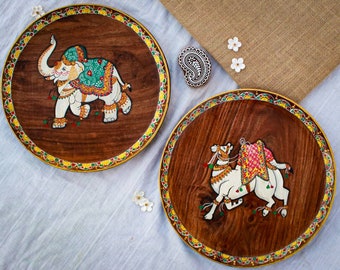 Wall Art of Rajasthan, Set of 2 Rajasthani Wall plates, Wall Art of Indian Royal camel and elephant, Wooden Wall plates Indian