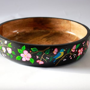 Salad Mixing Bowl, Black Floral bowl, Fruit bowl wooden, Handpainted bowl, Decorative bowl, Large bowl image 2