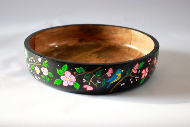Salad Mixing Bowl, Black Floral bowl, Fruit bowl wooden, Handpainted bowl, Decorative bowl, Large bowl image 2