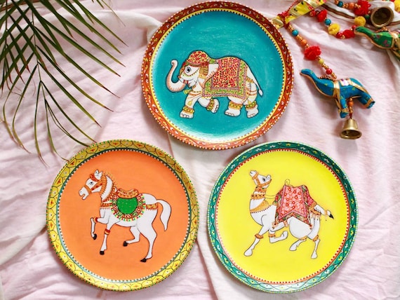 Indian Wall Decor Handpainted Rajasthani Royal Camel Horse Elephant Rajasthani Wooden Decorative Wall Plates Etsy Canada