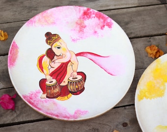 Shri Ganesha painting on wooden wall plate playing sitaar and tabla, Music Shri Ganesh Wall Hanging, Hindu God Wallplate, Housewarming gift