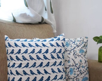 Cushion Covers White Blue Block print , Set of 2 Cushion Covers of size 16x16, Parrot Print and floral Cushion covers set