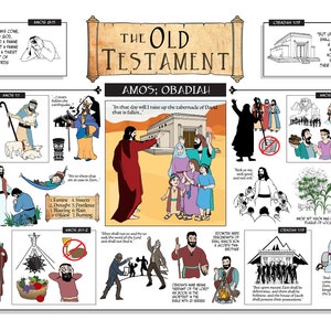 Puede incluir: Un gráfico ilustrado colorido que representa escenas de los libros de Amós y Abdías del Antiguo Testamento. El gráfico presenta una variedad de imágenes, incluyendo personas, animales y objetos, e incluye texto de la Biblia.