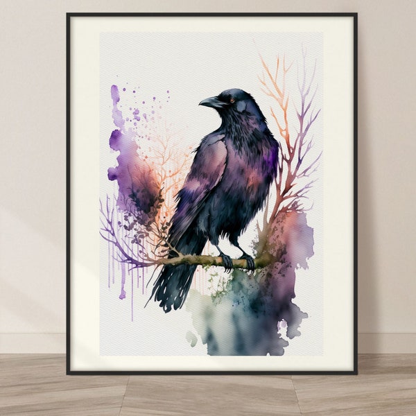 Crow Watercolor Art Print, Crow and Nature Painting Wall Art Decor, Original Artwork, Wild animals Art, Crow Painting Print
