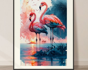 Flamingo Aquarell Kunstdruck, Flamingo und Natur Malerei Wand Kunst Dekor, Original Kunstwerk, wilde Tiere Kunst, Flamingo Malerei