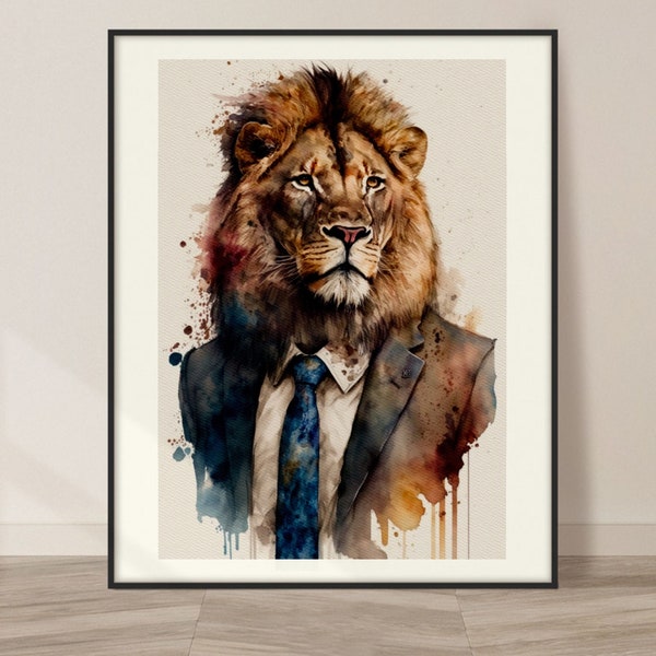 Lion Watercolor Art Print, Lion Painting Wall Art Decor, Original Artwork, Wild animals Art, Lion Painting, Lion in a suit
