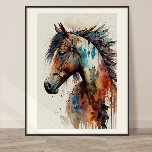 Indian Horse Watercolor Art Print, Indian Horse Painting Wall Art Decor, Original Artwork, Wild animals Art, Indian Horse Painting Cherokee