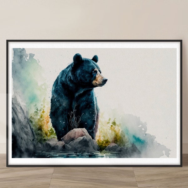 Black Bear Watercolor Art Print, Black Bear and Nature Painting Wall Art Decor, Original Artwork, Wild animals Art, Black Bear Painting