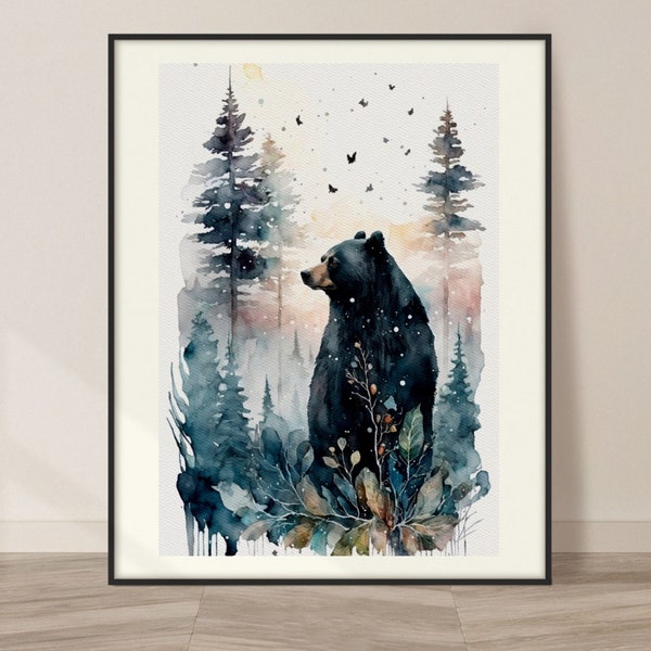 Black Bear Watercolor Art Print, Black Bear and Nature Painting Wall Art Decor, Original Artwork, Wild animals Art, Black Bear Painting